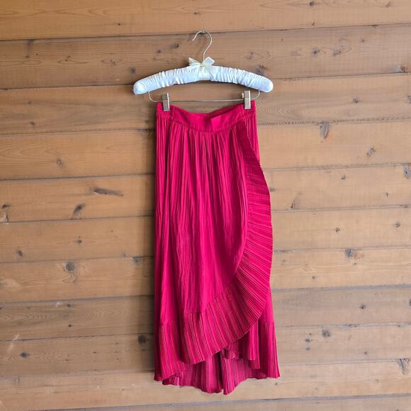 Maje Sateen Skirt Jonette Red Pleated Midi Small Ruffle Tulip Hem Feminine Flowy - Picture 2 of 6